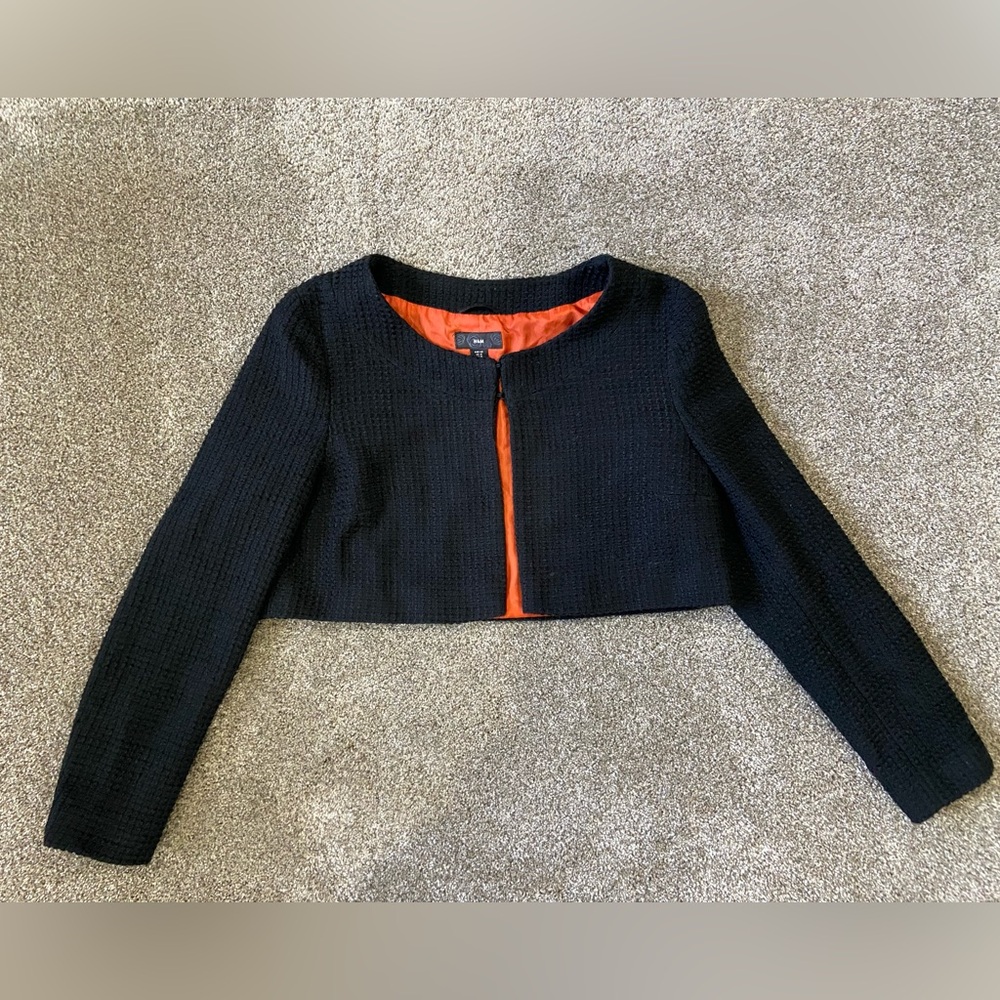 H&M Size 16 Black Cropped Jacket with Orange Lining